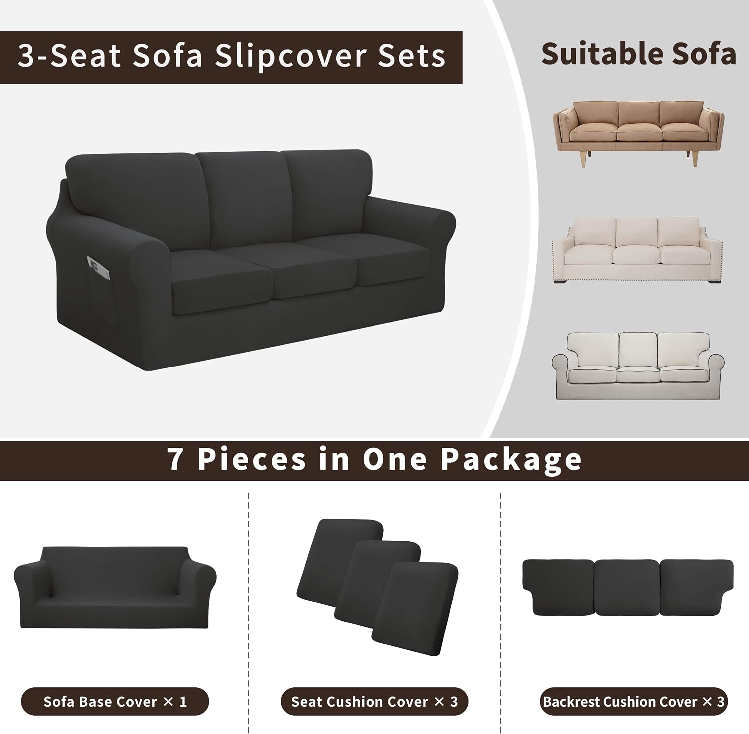 Easy-Going 7 Pieces Stretch Sofa Couch Cover, Large, Dark Grey | Washable Sofa Cover Set for 3 Backrest and Seat Cushion Couch Anti-Slip Sofa Slipcover Furniture Protector